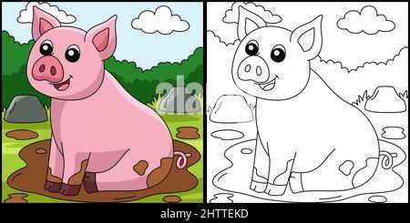 Pig coloring pagina Illustrazione colorata Illustrazione Vettoriale