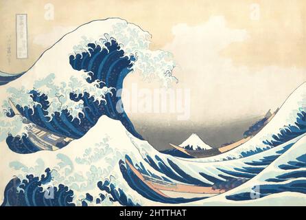 Arte ispirata da Under the Wave Off Kanagawa (Kanagawa oki nami ura), anche conosciuta come la Grande onda, dalla serie trentasei viste del Monte Fuji (Fugaku sanjūrokkei), 「富嶽三十六景 神奈川沖浪裏」, periodo Edo (1615–1868), ca. 1830–32, Giappone, stampa a blocchi di legno policromi; inchiostro e colore su carta, 10 1/, opere classiche modernizzate da Artotop con un tocco di modernità. Forme, colore e valore, impatto visivo accattivante sulle emozioni artistiche attraverso la libertà delle opere d'arte in modo contemporaneo. Un messaggio senza tempo che persegue una nuova direzione selvaggiamente creativa. Artisti che si rivolgono al supporto digitale e creano l'NFT Artotop Foto Stock