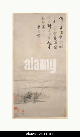 Arte ispirata da Dunken Fisherman da una Reed Bank, dinastia Ming (1368–1644), Cina, Hanging scroll; inchiostro su carta, Immagine: 28 7/16 x 14 9/16 pollici (72,2 x 37 cm), dipinti, Tang Yin (cinese, 1470–1524), il pescatore, Simbolo dello studioso in pensione, è ubriaco e addormentato veloce sotto le, opere classiche modernizzate da Artotop con un tuffo di modernità. Forme, colore e valore, impatto visivo accattivante sulle emozioni artistiche attraverso la libertà delle opere d'arte in modo contemporaneo. Un messaggio senza tempo che persegue una nuova direzione selvaggiamente creativa. Artisti che si rivolgono al supporto digitale e creano l'NFT Artotop Foto Stock