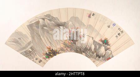 Arte ispirata da 清, 胡遠, 山水, 扇面, Paesaggio, Dinastia Qing (1644–1911), datata 1885, Cina, ventola pieghevole montata come una foglia di album; inchiostro e colore su carta di allume, 6 15/16 x 20 1/4 pollici (17,6 x 51,4 cm), dipinti, Hu Yuan (cinese, 1823–1886), il ventilatore di Hu Yuan è iscritto come segue: Le piogge, opere classiche modernizzate da Artotop con un tuffo di modernità. Forme, colore e valore, impatto visivo accattivante sulle emozioni artistiche attraverso la libertà delle opere d'arte in modo contemporaneo. Un messaggio senza tempo che persegue una nuova direzione selvaggiamente creativa. Artisti che si rivolgono al supporto digitale e creano l'NFT Artotop Foto Stock