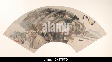 Arte ispirata da 清, 胡遠, 山水, 扇面, Paesaggio, Dinastia Qing (1644–1911), Cina, ventola pieghevole montata come una foglia di album; inchiostro e colore su carta dorata, 7 1/8 x 20 1/4 pollici (18,1 x 51,4 cm), dipinti, Hu Yuan (cinese, 1823–1886), metodi tradizionali di pittura del paesaggio sono invocati da, opere classiche modernizzate da Artotop con un tuffo di modernità. Forme, colore e valore, impatto visivo accattivante sulle emozioni artistiche attraverso la libertà delle opere d'arte in modo contemporaneo. Un messaggio senza tempo che persegue una nuova direzione selvaggiamente creativa. Artisti che si rivolgono al supporto digitale e creano l'NFT Artotop Foto Stock