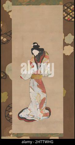 Arte ispirata da 寛文美人図, bellezza dell'era Kanbun, periodo Edo (1615-1868), fine 17th secolo, Giappone, Hanging scroll; Inchiostro, colore e oro su carta, immagine: 24 1/8 x 9 5/8 pollici (61,3 x 24,4 cm), dipinti, bijin Kanbun, o “bellezze dell’era Kanbun”, è un nome generico dato ai dipinti, opere classiche modernizzate da Artotop con un tuffo di modernità. Forme, colore e valore, impatto visivo accattivante sulle emozioni artistiche attraverso la libertà delle opere d'arte in modo contemporaneo. Un messaggio senza tempo che persegue una nuova direzione selvaggiamente creativa. Artisti che si rivolgono al supporto digitale e creano l'NFT Artotop Foto Stock