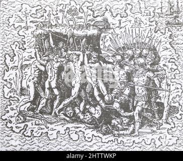 Morte di Ferdinand Magellan. Incisione medievale. Foto Stock