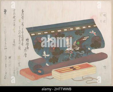 Arte ispirata da Roll of Cloth per un OBI e ornamenti di capelli a guscio tartaruga (regali per i più amati), dalla Butterfly Series, dall'album Spring Rain Surimono (Harusame surimono-jō, vol. 3), 『蝶揃・寵愛』帯と簪, Edo period (1615–1868), ca. 1805–10, Giappone, pubblicato privatamente policromo, opere classiche modernizzate da Artotop con un tuffo di modernità. Forme, colore e valore, impatto visivo accattivante sulle emozioni artistiche attraverso la libertà delle opere d'arte in modo contemporaneo. Un messaggio senza tempo che persegue una nuova direzione selvaggiamente creativa. Artisti che si rivolgono al supporto digitale e creano l'NFT Artotop Foto Stock