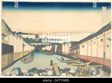 Arte ispirata da Nihonbashi in Edo (Edo Nihonbashi), dalla serie trentasei viste del Monte Fuji (Fugaku sanjūrokkei), 冨嶽三十六景 江戸日本橋, periodo Edo (1615–1868), ca. 1830–32, Giappone, stampa a blocchi di legno policromi; inchiostro e colore su carta, H. 10 poll. (25,4 cm); W. 14 1/2" (36,8 cm), stampe, opere classiche modernizzate da Artotop con un tuffo di modernità. Forme, colore e valore, impatto visivo accattivante sulle emozioni artistiche attraverso la libertà delle opere d'arte in modo contemporaneo. Un messaggio senza tempo che persegue una nuova direzione selvaggiamente creativa. Artisti che si rivolgono al supporto digitale e creano l'NFT Artotop Foto Stock