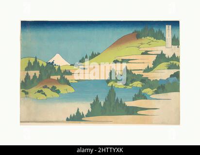 Arte ispirata al lago di Hakone nella provincia di Sagami (Sōshū Hakone kosui), dalla serie trentasei viste del Monte Fuji (Fugaku sanjūrokkei), 冨嶽三十六景 相州箱根湖水, periodo Edo (1615–1868), ca. 1830–32, Giappone, stampa a blocchi di legno policromi; inchiostro e colore su carta, 9 3/4 x 14 7/8 pollici (24,8 x 37., opere classiche modernizzate da Artotop con un tuffo di modernità. Forme, colore e valore, impatto visivo accattivante sulle emozioni artistiche attraverso la libertà delle opere d'arte in modo contemporaneo. Un messaggio senza tempo che persegue una nuova direzione selvaggiamente creativa. Artisti che si rivolgono al supporto digitale e creano l'NFT Artotop Foto Stock