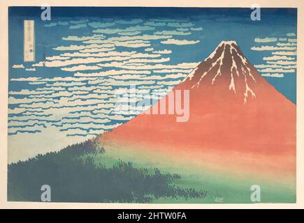 Arte ispirata a South Wind, Clear Sky (Gaifū kaisei), nota anche come Red Fuji, dalla serie trentasei viste del Monte Fuji (Fugaku sanjūrokkei), 冨嶽三十六景 凱風快晴, periodo Edo (1615–1868), ca. 1830–32, Giappone, stampa a blocchi di legno policromi; inchiostro e colore su carta, Oban nishiki-e triptych: 10 x, opere classiche modernizzate da Artotop con un tocco di modernità. Forme, colore e valore, impatto visivo accattivante sulle emozioni artistiche attraverso la libertà delle opere d'arte in modo contemporaneo. Un messaggio senza tempo che persegue una nuova direzione selvaggiamente creativa. Artisti che si rivolgono al supporto digitale e creano l'NFT Artotop Foto Stock