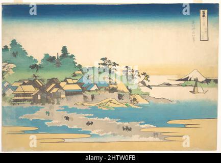 Arte ispirata da Enoshima nella provincia di Sagami (Sōshū Enoshima), dalla serie trentasei viste del Monte Fuji (Fugaku sanjūrokkei), 冨嶽三十六景 相州江の島, periodo Edo (1615–1868), ca. 1830–32, Giappone, stampa a blocchi di legno policromi; inchiostro e colore su carta, 10 1/8 x 14 3/4 pollici (25,7 x 37,5 cm), stampe, opere classiche modernizzate da Artotop con un tuffo di modernità. Forme, colore e valore, impatto visivo accattivante sulle emozioni artistiche attraverso la libertà delle opere d'arte in modo contemporaneo. Un messaggio senza tempo che persegue una nuova direzione selvaggiamente creativa. Artisti che si rivolgono al supporto digitale e creano l'NFT Artotop Foto Stock