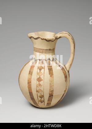 Arte ispirata al giocoliere di terracotta, i-IIIA tardo cipriota, ca. 1600–1150 a.C., cipriota, terracotta; Slip ware bianco, H. 4 3/4 poll. (12,1 cm), vasi, Slip ware bianco con manico e labbro pizzicato, traliccio e ornamento a losanga, opere classiche modernizzate da Artotop con un tuffo di modernità. Forme, colore e valore, impatto visivo accattivante sulle emozioni artistiche attraverso la libertà delle opere d'arte in modo contemporaneo. Un messaggio senza tempo che persegue una nuova direzione selvaggiamente creativa. Artisti che si rivolgono al supporto digitale e creano l'NFT Artotop Foto Stock