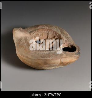 Arte ispirata a Lamp, Roman, Cypriot, Terracotta, tuta: 1 1/4 x 3 poll. (3,2 x 7,6 cm), terracottas, opere classiche modernizzate da Artotop con un tuffo di modernità. Forme, colore e valore, impatto visivo accattivante sulle emozioni artistiche attraverso la libertà delle opere d'arte in modo contemporaneo. Un messaggio senza tempo che persegue una nuova direzione selvaggiamente creativa. Artisti che si rivolgono al supporto digitale e creano l'NFT Artotop Foto Stock