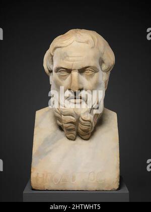Arte ispirata dal busto di marmo di Herodotos, imperiale, 2nd secolo d.C., romano, marmo, Isola, H. 18 3/4 poll. (47,6 cm), scultura in pietra, incisa HERODOTOS Copia di una statua in bronzo greca della prima metà del IV secolo a.C. Herodotos (ca. 484–424 a.C.) di Halikarnassos realizzato, opere classiche modernizzate da Artotop con un tocco di modernità. Forme, colore e valore, impatto visivo accattivante sulle emozioni artistiche attraverso la libertà delle opere d'arte in modo contemporaneo. Un messaggio senza tempo che persegue una nuova direzione selvaggiamente creativa. Artisti che si rivolgono al supporto digitale e creano l'NFT Artotop Foto Stock