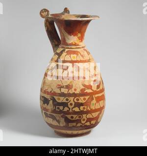 Arte ispirata a Terracotta oinochoe:olpe (caraffa), Transitional, ca. 630–610 a.C., greco, corinzio, terracotta, H. 17 pollici (43,2 cm), vasi, cinque fregi di animali il Pittore Sfinge era un artista competente che è strettamente associato con il Pittore Polyteleia, al quale il molto fine, opere classiche modernizzate da Artotop con un tuffo di modernità. Forme, colore e valore, impatto visivo accattivante sulle emozioni artistiche attraverso la libertà delle opere d'arte in modo contemporaneo. Un messaggio senza tempo che persegue una nuova direzione selvaggiamente creativa. Artisti che si rivolgono al supporto digitale e creano l'NFT Artotop Foto Stock