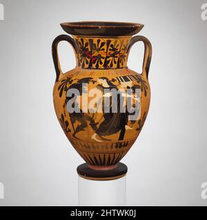 Arte ispirata al collo di terracotta-anfora, arcaica, inizio 5th secolo a.C., greca, Attica, Terracotta; figura nera, H. 10 1/4 poll. (26 cm), vasi, obversal, uomo che grida donna in una fontana casa Reverse, Dionysos su asino e maenad mentre Dionysos sta cavalcando tranquillamente sul retro, opere classiche modernizzate da Artotop con un tuffo di modernità. Forme, colore e valore, impatto visivo accattivante sulle emozioni artistiche attraverso la libertà delle opere d'arte in modo contemporaneo. Un messaggio senza tempo che persegue una nuova direzione selvaggiamente creativa. Artisti che si rivolgono al supporto digitale e creano l'NFT Artotop Foto Stock