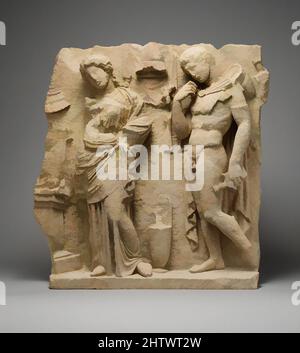 Arte ispirata al rilievo funerario calcareo, ellenistico, ca. 325–300 a.C., greco, italiano del sud, Tarentine, calcare, H. 23 1/16 poll. (58,5 cm); larghezza conservata 21 1/8" (53,6 cm), scultura in pietra, Tarentum (Taranto moderno) era una ricca colonia greca sulla costa sud-orientale d'Italia, opere classiche modernizzate da Artotop con un tuffo di modernità. Forme, colore e valore, impatto visivo accattivante sulle emozioni artistiche attraverso la libertà delle opere d'arte in modo contemporaneo. Un messaggio senza tempo che persegue una nuova direzione selvaggiamente creativa. Artisti che si rivolgono al supporto digitale e creano l'NFT Artotop Foto Stock