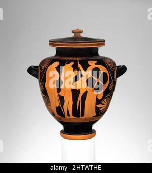 Arte ispirata a Terracotta Stamnos (vaso), classica, ca. 470–460 a.C., greco, attico, terracotta; figura rossa, H. 16 poll. (40,7 cm); larghezza con maniglie da 14 5/8" (37,2 cm); H. senza copertura 14 3/16" (36,1 cm), vasi, obverse, guerriero armante, forse Achille, Inverti, Menelaos, opere classiche modernizzate da Artotop con un tuffo di modernità. Forme, colore e valore, impatto visivo accattivante sulle emozioni artistiche attraverso la libertà delle opere d'arte in modo contemporaneo. Un messaggio senza tempo che persegue una nuova direzione selvaggiamente creativa. Artisti che si rivolgono al supporto digitale e creano l'NFT Artotop Foto Stock