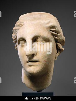 Arte ispirata a Marble Head di Athena, ellenistica, ca. 200 a.C., greco, marmo, H. 19" (48,26 cm), scultura in pietra, il movimento dinamico e l'espressione appassionata di questa colossale testa la segnano come un raro esempio di arte monumentale dalla fine del terzo al secondo secolo a.C., quando, opere classiche modernizzate da Artotop con un tuffo di modernità. Forme, colore e valore, impatto visivo accattivante sulle emozioni artistiche attraverso la libertà delle opere d'arte in modo contemporaneo. Un messaggio senza tempo che persegue una nuova direzione selvaggiamente creativa. Artisti che si rivolgono al supporto digitale e creano l'NFT Artotop Foto Stock