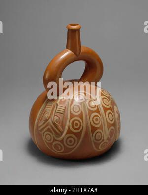 Arte ispirata da bottiglia con serpente, 2nd–5th secolo, Perù, Moche, Ceramica, H. 7 3/4 poll. (19,7 cm), Ceramics-Containers, la bottiglia della staffa-becco di ceramica era un vascello importante fra i popoli sulla costa nord peruviana dal secondo millennio a.C. in poi. La camera globulare di questo, opere classiche modernizzate da Artotop con un tuffo di modernità. Forme, colore e valore, impatto visivo accattivante sulle emozioni artistiche attraverso la libertà delle opere d'arte in modo contemporaneo. Un messaggio senza tempo che persegue una nuova direzione selvaggiamente creativa. Artisti che si rivolgono al supporto digitale e creano l'NFT Artotop Foto Stock