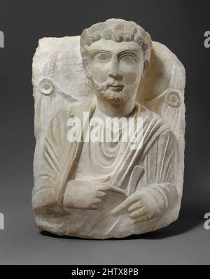 Arte ispirata al rilievo funerario, ca. 150–200, Siria, probabilmente di Palmyra, calcare, 20 5/8 x 15 1/8 x 7 5/8 pollici, 98 libbre (52,4 x 38,4 cm), pietra-scultura-inscritto, Iscrizione: 1-2 questa immagine 3 (è di) Zabda'ateh, 4 figlio di Zabda'ateh, 5 che gli fece 6 Wahba, 7 suo fratello. 8, opere classiche modernizzate da Artotop con un tuffo di modernità. Forme, colore e valore, impatto visivo accattivante sulle emozioni artistiche attraverso la libertà delle opere d'arte in modo contemporaneo. Un messaggio senza tempo che persegue una nuova direzione selvaggiamente creativa. Artisti che si rivolgono al supporto digitale e creano l'NFT Artotop Foto Stock