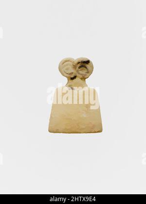 Arte ispirata da Eye idol, Middle Uruk, ca. 3700–3500 a.C., Siria, Tell Brak, alabastro gesso, 1 3/8 x 1 pollici (3,6 x 2,5 cm), Stone-Sculpture, questo tipo di figurine noto come idolo oculare, fatto di pietra e con occhi incisi, è stato scavato a Tell Brak, dove sono state trovate migliaia di opere classiche modernizzate da Artotop con un tuffo di modernità. Forme, colore e valore, impatto visivo accattivante sulle emozioni artistiche attraverso la libertà delle opere d'arte in modo contemporaneo. Un messaggio senza tempo che persegue una nuova direzione selvaggiamente creativa. Artisti che si rivolgono al supporto digitale e creano l'NFT Artotop Foto Stock