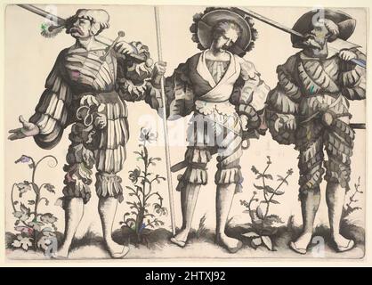 Arte ispirata a tre soldati tedeschi, n.d., etching; primo stato di tre, foglio: 7 7/8 x 11 1/8 poll. (20 x 28,3 cm), Prints, Daniel Hopfer (tedesco, Kaufbeuren 1471–1536 Augsburg), dopo Erhard Schön (tedesco, Norimberga 1491–1542 Norimberga), dopo Sebald Beham (tedesco, Norimberga 1500–, opere classiche modernizzate da Artotop con un tuffo di modernità. Forme, colore e valore, impatto visivo accattivante sulle emozioni artistiche attraverso la libertà delle opere d'arte in modo contemporaneo. Un messaggio senza tempo che persegue una nuova direzione selvaggiamente creativa. Artisti che si rivolgono al supporto digitale e creano l'NFT Artotop Foto Stock