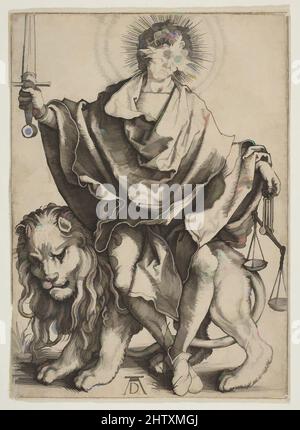 Arte ispirata alla Giustizia, ca. 1499, incisione, foglio: 4 3/16 x 3 1/16 poll. (10,7 x 7,7 cm), Prints, Albrecht Dürer (tedesco, Norimberga 1471–1528 Norimberga, opere classiche modernizzate da Artotop con un tocco di modernità. Forme, colore e valore, impatto visivo accattivante sulle emozioni artistiche attraverso la libertà delle opere d'arte in modo contemporaneo. Un messaggio senza tempo che persegue una nuova direzione selvaggiamente creativa. Artisti che si rivolgono al supporto digitale e creano l'NFT Artotop Foto Stock