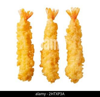 Tempura di gamberi posta su sfondo bianco. La tempura è un cibo giapponese. E' un gambero fritto giapponese. Vista dall'alto Foto Stock