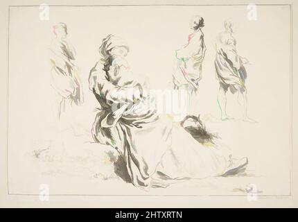 Art Inspired by Sheet of Sketches, 1753, Etching, image: 5 3/8 x 8 1/16 in. (13,7 x 20,4 cm), Prints, Francois Boucher (francese, Parigi 1703–1770 Parigi), dopo Abraham Bloemaert (Netherlandish, Gorinchem 1566–1651 Utrecht, opere classiche modernizzate da Artotop con un tuffo di modernità. Forme, colore e valore, impatto visivo accattivante sulle emozioni artistiche attraverso la libertà delle opere d'arte in modo contemporaneo. Un messaggio senza tempo che persegue una nuova direzione selvaggiamente creativa. Artisti che si rivolgono al supporto digitale e creano l'NFT Artotop Foto Stock