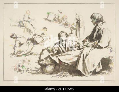 Art Inspired by Sheet of Sketches, 1753, Etching, image: 5 9/16 x 8 1/16 in. (14,1 x 20,4 cm), Prints, Francois Boucher (francese, Parigi 1703–1770 Parigi), dopo Abraham Bloemaert (Netherlandish, Gorinchem 1566–1651 Utrecht, opere classiche modernizzate da Artotop con un tuffo di modernità. Forme, colore e valore, impatto visivo accattivante sulle emozioni artistiche attraverso la libertà delle opere d'arte in modo contemporaneo. Un messaggio senza tempo che persegue una nuova direzione selvaggiamente creativa. Artisti che si rivolgono al supporto digitale e creano l'NFT Artotop Foto Stock