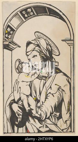 Arte ispirata da Vergine e Bambino sotto un arco, legno; secondo stato di due (Hollstein), foglio: 11 5/8 x 6 7/16 pollici (29,5 x 16,4 cm), Prints, Hans Burgkmair (tedesco, Augusta 1473–1531 Augusta, opere classiche modernizzate da Artotop con un tuffo di modernità. Forme, colore e valore, impatto visivo accattivante sulle emozioni artistiche attraverso la libertà delle opere d'arte in modo contemporaneo. Un messaggio senza tempo che persegue una nuova direzione selvaggiamente creativa. Artisti che si rivolgono al supporto digitale e creano l'NFT Artotop Foto Stock