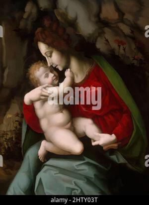 Arte ispirata a Madonna col Bambino, possibilmente all'inizio del 1520s, olio e oro su legno, 34 1/4 x 26 1/2 poll. (87 x 67,3 cm), dipinti, Bachiacca (Francesco d'Ubertino Verdi) (Firenze 1494–1557), Bachiacca era amico e socio di Andrea del Sarto, e collaborò con opere classiche modernizzate da Artotop con un tuffo di modernità. Forme, colore e valore, impatto visivo accattivante sulle emozioni artistiche attraverso la libertà delle opere d'arte in modo contemporaneo. Un messaggio senza tempo che persegue una nuova direzione selvaggiamente creativa. Artisti che si rivolgono al supporto digitale e creano l'NFT Artotop Foto Stock