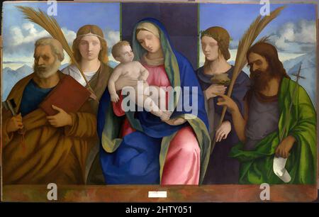 Arte ispirata a Madonna col Bambino con Santi, Tempera e olio su legno, 38 1/4 x 60 1/2 poll. (97,2 x 153,7 cm), dipinti, Giovanni Bellini (italiano, Venezia, attivo da Venezia 1459-defunto 1516) e laboratorio, opere classiche modernizzate da Artotop con un tuffo di modernità. Forme, colore e valore, impatto visivo accattivante sulle emozioni artistiche attraverso la libertà delle opere d'arte in modo contemporaneo. Un messaggio senza tempo che persegue una nuova direzione selvaggiamente creativa. Artisti che si rivolgono al supporto digitale e creano l'NFT Artotop Foto Stock