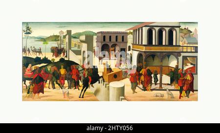 Arte ispirata alla Storia di Giuseppe, Tempera in legno, 27 x 59 pollici (68,6 x 149,9 cm), dipinti, Biagio d'Antonio (italiano, fiorentino, attivo dal 1472-morto 1516), in una successione di episodi, contrassegnati con i nomi dei personaggi principali, il dipinto illustra la storia di Giuseppe (, opere classiche modernizzate da Artotop con un tuffo di modernità. Forme, colore e valore, impatto visivo accattivante sulle emozioni artistiche attraverso la libertà delle opere d'arte in modo contemporaneo. Un messaggio senza tempo che persegue una nuova direzione selvaggiamente creativa. Artisti che si rivolgono al supporto digitale e creano l'NFT Artotop Foto Stock