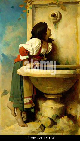 Arte ispirata da Roman Girl at a Fountain, 1875, olio su tela, 67 x 39 1/2 poll. (170,2 x 100,3 cm), dipinti, Léon Bonnat (francese, Bayonne 1833–1922 Monchy-Saint-Eloi), questa foto è una delle ultime scene di genere che Bonnat ha prodotto prima di volgergli esclusivamente alla ritrattistica. Egli, opere classiche modernizzate da Artotop con un tuffo di modernità. Forme, colore e valore, impatto visivo accattivante sulle emozioni artistiche attraverso la libertà delle opere d'arte in modo contemporaneo. Un messaggio senza tempo che persegue una nuova direzione selvaggiamente creativa. Artisti che si rivolgono al supporto digitale e creano l'NFT Artotop Foto Stock