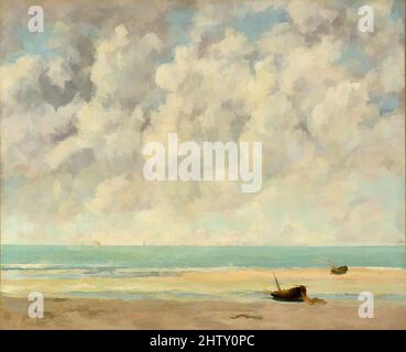 Arte ispirata al mare calmo, 1869, olio su tela, 23 1/2 x 28 3/4 poll. (59,7 x 73 cm), dipinti, Gustave Courbet (francese, Ornans 1819–1877 la Tour-de-Peilz), Courbet dipinse questa vista guardando sul canale della Manica durante una visita a Étretat lungo la costa della Normandia in agosto, opere classiche modernizzate da Artotop con un tuffo di modernità. Forme, colore e valore, impatto visivo accattivante sulle emozioni artistiche attraverso la libertà delle opere d'arte in modo contemporaneo. Un messaggio senza tempo che persegue una nuova direzione selvaggiamente creativa. Artisti che si rivolgono al supporto digitale e creano l'NFT Artotop Foto Stock