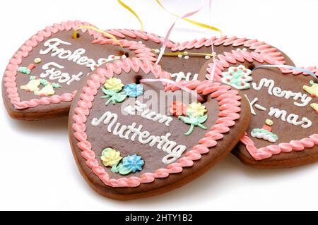 Cuori di pan di zenzero, giorno della madre, Iscrizione, giusto, saluto di amore, Festival folk, souvenir, Funfair Foto Stock