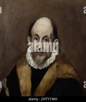 Arte ispirata dal Ritratto di un uomo Vecchio, ca. 1595–1600, olio su tela, 20 3/4 x 18 3/8 poll. (52,7 x 46,7 cm), dipinti, El Greco (Domenikos Theotokopoulos) (Greco, Iráklion (Candia) 1540/41–1614 Toledo), i ritratti candidi di El Greco sono stati costantemente ammirati per il loro naturalismo e, opere classiche modernizzate da Artotop con un tuffo di modernità. Forme, colore e valore, impatto visivo accattivante sulle emozioni artistiche attraverso la libertà delle opere d'arte in modo contemporaneo. Un messaggio senza tempo che persegue una nuova direzione selvaggiamente creativa. Artisti che si rivolgono al supporto digitale e creano l'NFT Artotop Foto Stock