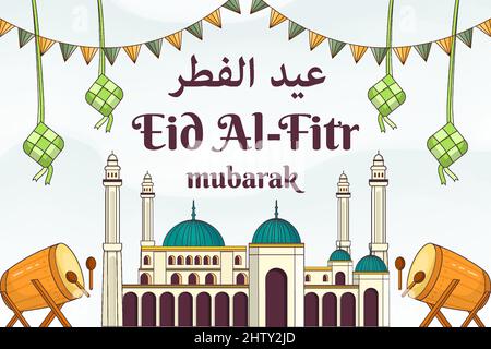 eid al fitr - selamat idul fitri illustrazione disegnata a mano con bedug e ketupat Illustrazione Vettoriale