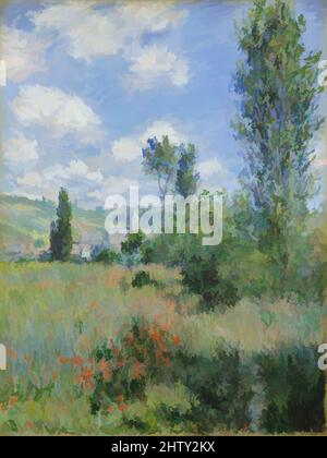 Arte ispirata da View of Vétheuil, 1880, olio su tela, 31 1/2 x 23 3/4 poll. (80 x 60,3 cm), dipinti, Claude Monet (francese, Parigi 1840–1926 Giverny), il sentiero che si snoda attraverso il campo di papavero in basso a destra indica la strada verso la torre della chiesa a Vétheuil, il villaggio nord-ovest, opere classiche modernizzate da Artotop con un tuffo di modernità. Forme, colore e valore, impatto visivo accattivante sulle emozioni artistiche attraverso la libertà delle opere d'arte in modo contemporaneo. Un messaggio senza tempo che persegue una nuova direzione selvaggiamente creativa. Artisti che si rivolgono al supporto digitale e creano l'NFT Artotop Foto Stock