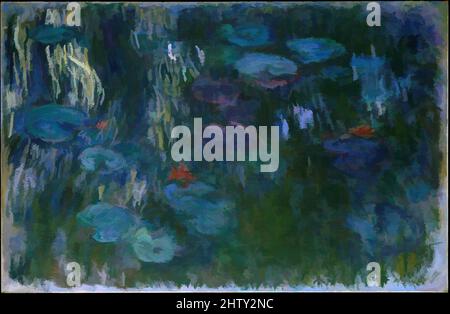 Arte ispirata a Water Lilies, 1916–19, olio su tela, 51 1/4 x 79 poll. (130,2 x 200,7 cm), dipinti, Claude Monet (francese, Parigi 1840–1926 Giverny), come parte dei suoi estesi piani di giardinaggio a Giverny, Monet aveva un laghetto scavato e piantato con gigli nel 1893. Dal 1899 in poi, ha ripetutamente, opere classiche modernizzate da Artotop con un tuffo di modernità. Forme, colore e valore, impatto visivo accattivante sulle emozioni artistiche attraverso la libertà delle opere d'arte in modo contemporaneo. Un messaggio senza tempo che persegue una nuova direzione selvaggiamente creativa. Artisti che si rivolgono al supporto digitale e creano l'NFT Artotop Foto Stock