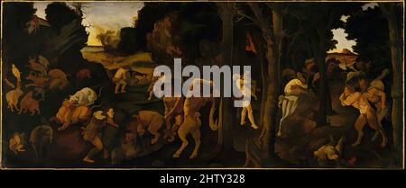 Arte ispirata Da Una scena di caccia, ca. 1494–1500, Tempera e olio trasferiti a Masonite, 27 3/4 x 66 3/4 poll. (70,5 x 169,5 cm), dipinti, Piero di Cosimo (Piero di Lorenzo di Piero d'Antonio) (Firenze 1462–1522 Firenze), datati circa 1507–8, questi pannelli di accompagnamento mostrano un, opere classiche modernizzate da Artotop con un tuffo di modernità. Forme, colore e valore, impatto visivo accattivante sulle emozioni artistiche attraverso la libertà delle opere d'arte in modo contemporaneo. Un messaggio senza tempo che persegue una nuova direzione selvaggiamente creativa. Artisti che si rivolgono al supporto digitale e creano l'NFT Artotop Foto Stock