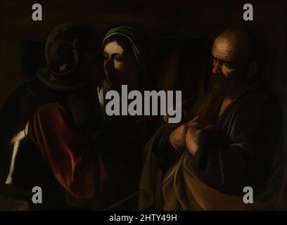 Arte ispirata al Denial of Saint Peter, 1610, olio su tela, 37 x 49 3/8 poll. (94 x 125,4 cm), dipinti, Caravaggio (Michelangelo Merisi) (Italiano, Milano o Caravaggio 1571–1610 Porto Ercole), le opere tardive di Caravaggio dipendono per il loro drammatico effetto sulle zone luminose in cui si trovano, opere classiche modernizzate da Artotop con un tuffo di modernità. Forme, colore e valore, impatto visivo accattivante sulle emozioni artistiche attraverso la libertà delle opere d'arte in modo contemporaneo. Un messaggio senza tempo che persegue una nuova direzione selvaggiamente creativa. Artisti che si rivolgono al supporto digitale e creano l'NFT Artotop Foto Stock