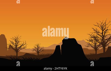 Vista realistica di montagne e scogliere dall'esterno della città all'alba con sagome di alberi secchi intorno. Illustrazione vettoriale di una città Illustrazione Vettoriale