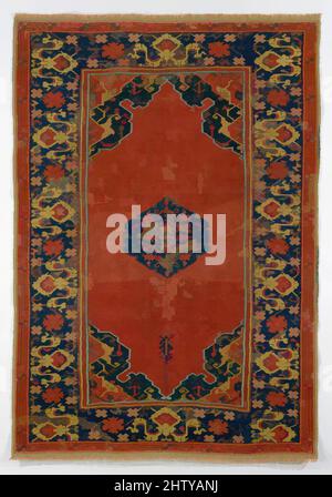 Arte ispirata da Carpet, 17th secolo, attribuita probabilmente alla Turchia centrale occidentale, lana (ordito, trama e mucchio); simmetricamente annodato pile, H. 60 1/2 pollici. (153,67 cm), Textiles-Rugs, opere classiche modernizzate da Artotop con un tuffo di modernità. Forme, colore e valore, impatto visivo accattivante sulle emozioni artistiche attraverso la libertà delle opere d'arte in modo contemporaneo. Un messaggio senza tempo che persegue una nuova direzione selvaggiamente creativa. Artisti che si rivolgono al supporto digitale e creano l'NFT Artotop Foto Stock