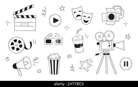 Illustrazione dell'icona del film, del cinema. Doodle elementi di film in stile di schizzo disegnati a mano, popcorn, videocamera, clapperboard. Illustrazione della linea vettoriale. Illustrazione Vettoriale