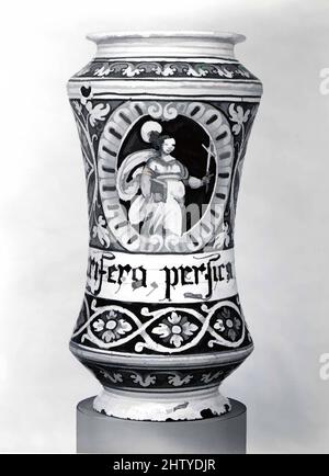 Arte ispirata da vaso di Apotecario (albarello), probabilmente 1550–1600, italiano, probabilmente Faenza, maiolica (terracotta stagnata), Altezza: 12 1/2 cm (31,7 cm), Ceramica-ceramica, opere classiche modernizzate da Artotop con un tuffo di modernità. Forme, colore e valore, impatto visivo accattivante sulle emozioni artistiche attraverso la libertà delle opere d'arte in modo contemporaneo. Un messaggio senza tempo che persegue una nuova direzione selvaggiamente creativa. Artisti che si rivolgono al supporto digitale e creano l'NFT Artotop Foto Stock