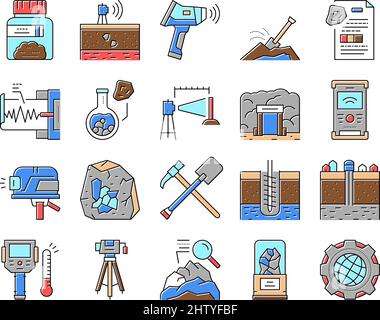 Geologia ricerca icone collezione Set vettore . Illustrazione Vettoriale