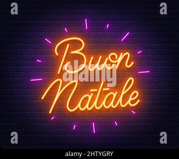 Buon Natale neon text. Biglietto d'auguri su sfondo muro di mattoni. Illustrazione Vettoriale