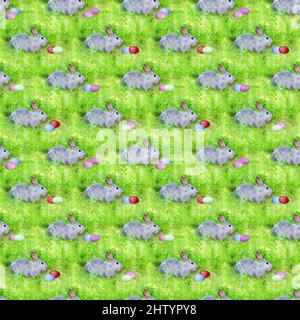 Modello senza cuciture con conigli grigi e uova di Pasqua su erba verde non focalizzata. Concetto di Pasqua, cornice quadrata Foto Stock