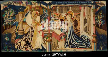 Arte ispirata all'Annunciazione, ca. 1460–80, South Netherlandish, Wool Warp, Wool and Silk Wewfts, 39 5/16 x 83 poll. (99,9 x 210,8 cm), tessili-arazzi, drappeggiati in ricchi paramenti ecclesiastici, l'arcangelo Gabriele saluta Maria con le parole: «Ave, Maria, piena di grazia, il Signore è, opere classiche modernizzate da Artotop con un tuffo di modernità. Forme, colore e valore, impatto visivo accattivante sulle emozioni artistiche attraverso la libertà delle opere d'arte in modo contemporaneo. Un messaggio senza tempo che persegue una nuova direzione selvaggiamente creativa. Artisti che si rivolgono al supporto digitale e creano l'NFT Artotop Foto Stock