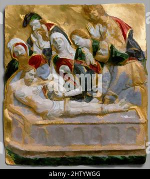 Arte ispirata all'Entombment di Cristo, ca. 1390–1405, fabbricato a Parigi, Francia, smalto opaco e traslucido su oro, totale: 3 7/16 x 3 1/16 x 3/16 pollici (8,7 x 7,7 x 0,5 cm), Enamels-Ronde Bosse, l'entombment di Cristo dopo la Crocifissione è variamente descritto in, opere classiche modernizzate da Artotop con un tuffo di modernità. Forme, colore e valore, impatto visivo accattivante sulle emozioni artistiche attraverso la libertà delle opere d'arte in modo contemporaneo. Un messaggio senza tempo che persegue una nuova direzione selvaggiamente creativa. Artisti che si rivolgono al supporto digitale e creano l'NFT Artotop Foto Stock